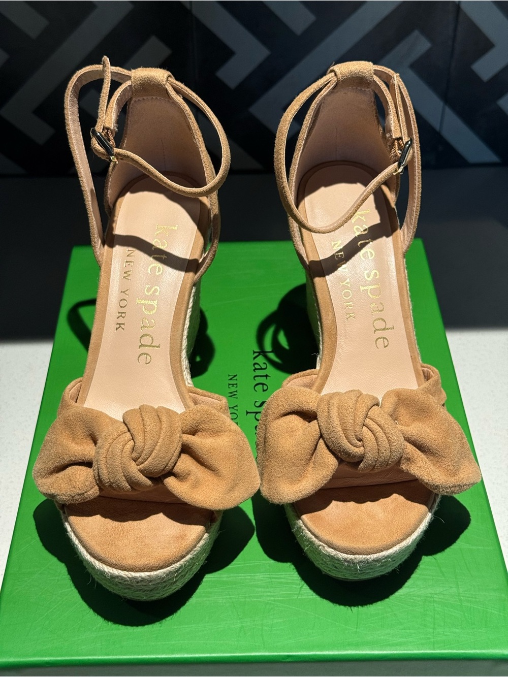 kate spade tan suede knotted espadrille wedge sandals